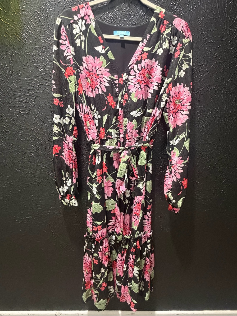 Draper James Black Long-Sleeve Floral Wrap Midi Dress